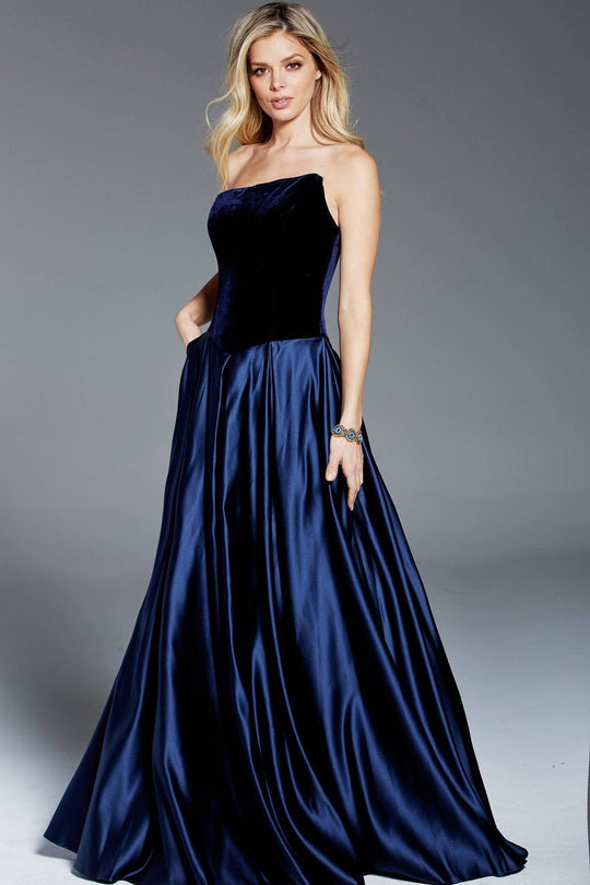 52068 Strapless Velvet Bodice Satin A-Line Gown