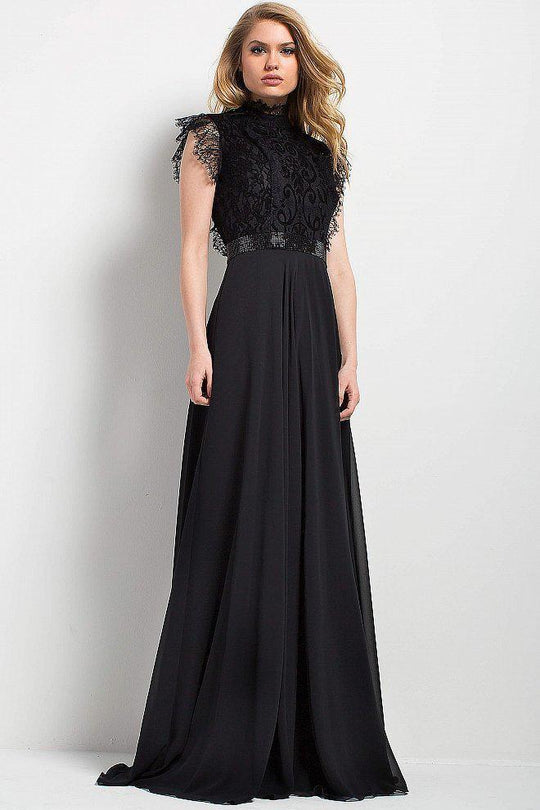 Jovani - 52089 High Neck Scalloped Lace Evening Gown in Black