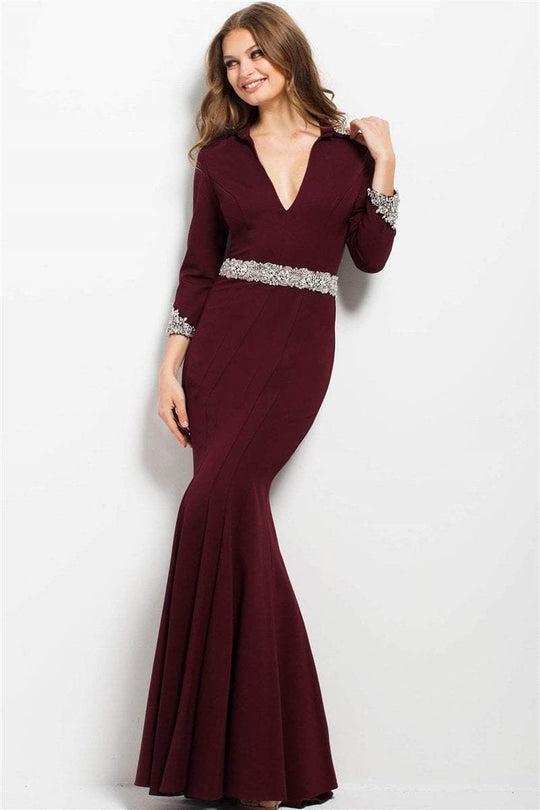 52091 Embellished Plunging V-neck Trumpet Dress