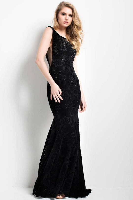 52092 Sleeveless Sheer Panel Velvet Gown