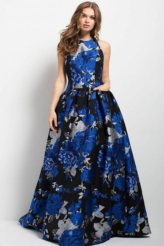 52124 Halter Floral Racer Back Ballgown