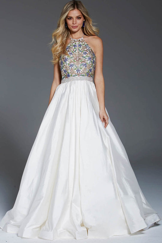 52177 Crystal Crusted High Halter Taffeta Gown