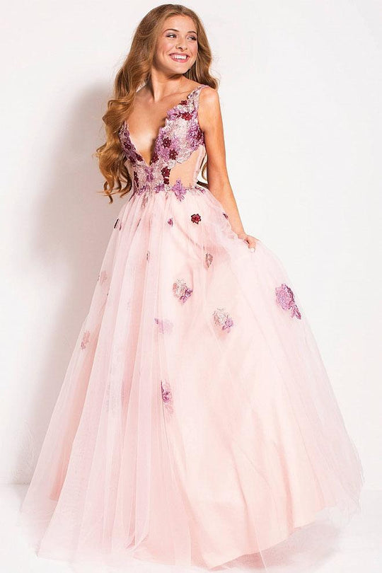 52207 Floral Applique V Neck Prom Ballgown