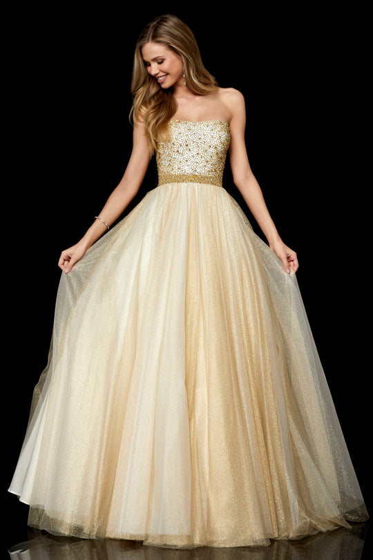 Sherri Hill - 52264 Beaded Strapless A Line Dress In Gold and Neutral