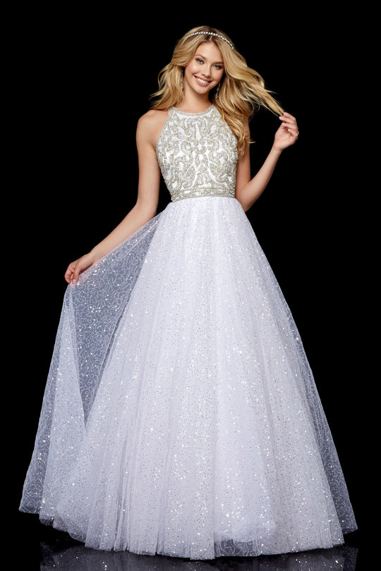 Sherri Hill - 52277 Beaded Halter Sequin Tulle Ballgown In White and Silver