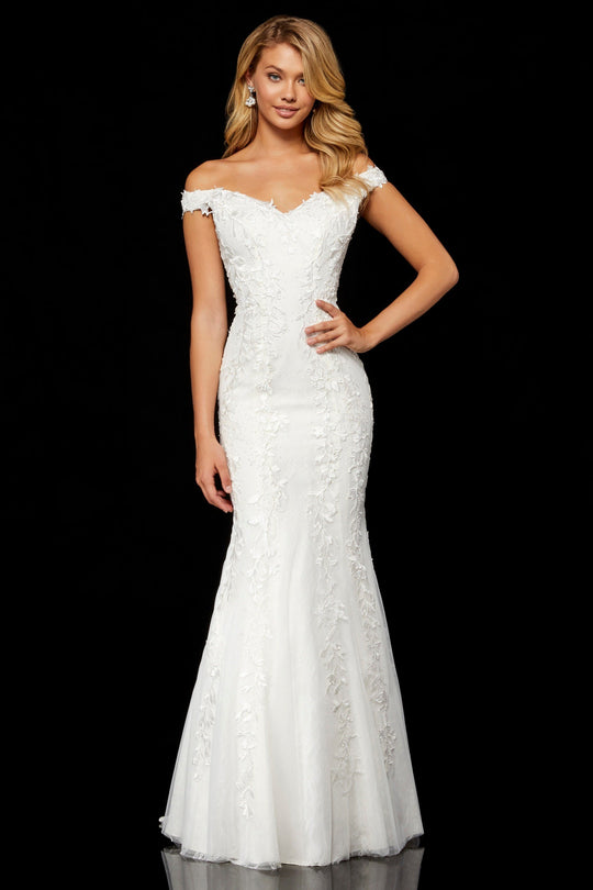 Sherri Hill - 52344 Lace Appliqued Off-Shoulder Fitted Mermaid Dress In White