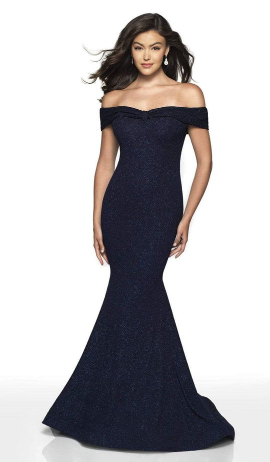 Intrigue by Blush - 523 Off-Shoulder Glitter Jersey Mermaid Dress In Blue