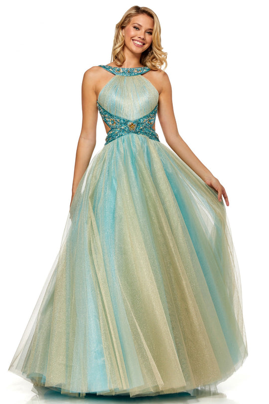 Sherri Hill - 52403 High Neckline Beaded Dress In Blue and Gold