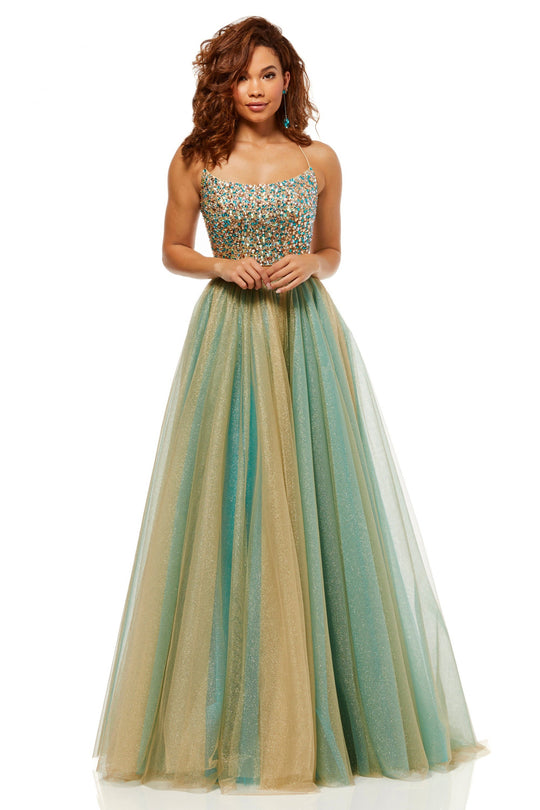 Sherri Hill - 52404 Scoop Beaded Dress In Gold and Blue