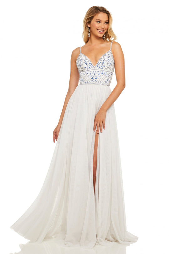 Sherri Hill - 52450 A Line Beaded Dress In White and Blue