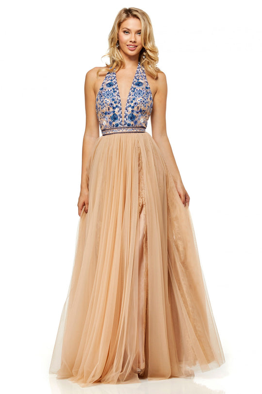 Sherri Hill - 52475 Embroidered V-Neck Beaded High Slit Dress In Neutral and Blue