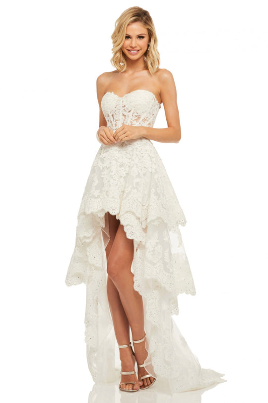 Sherri Hill - 52513 Sweetheart Lace High-Low Dress In White