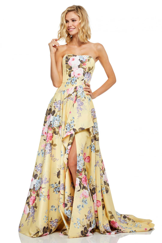 Sherri Hill - 52531 Floral Print Strapless A-line Dress in Yellow
