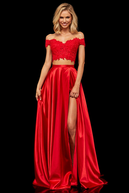 Sherri Hill - 52567 Two Piece Lace Off Shoulder Satin A-Line Gown In Red