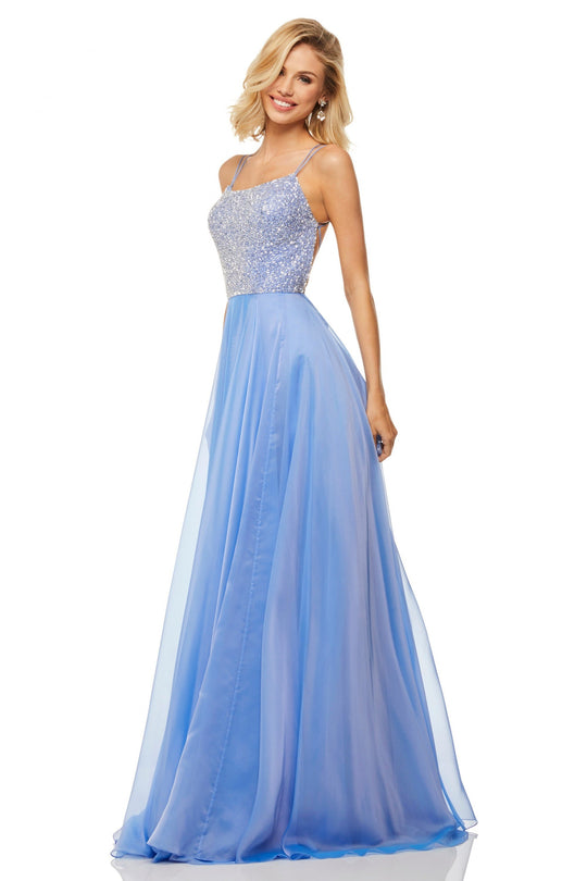 Sherri Hill - 52591 Beaded Bodice Long A Line Satin Dress In Blue