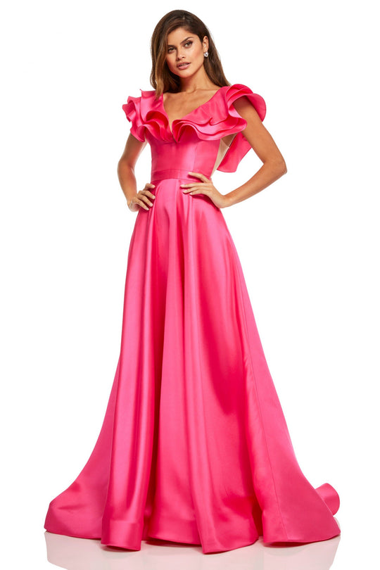 Sherri Hill - 52595 Tiered Ruffle Sleeves Mikado A-Line Ballgown In Pink