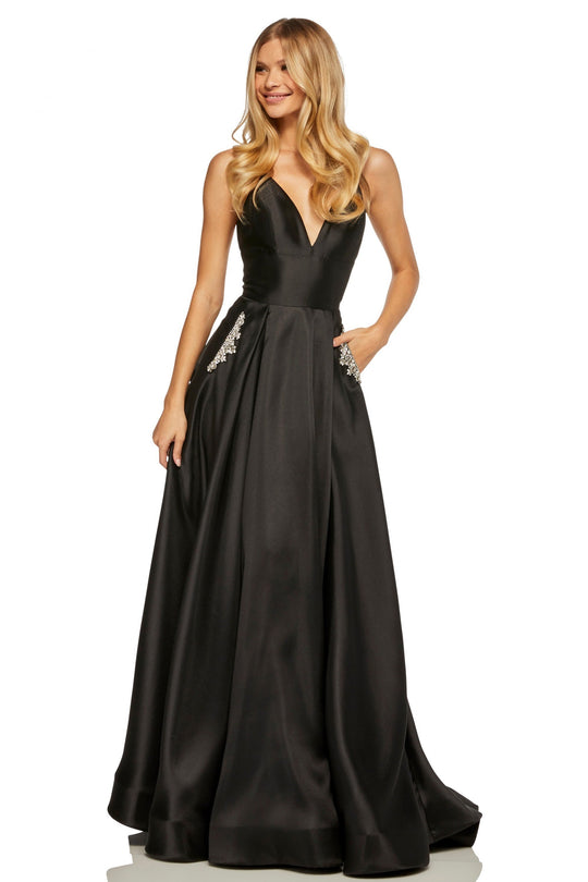 Sherri Hill - 52597 Sleeveless Satin V-Neck Beaded Dress In Black