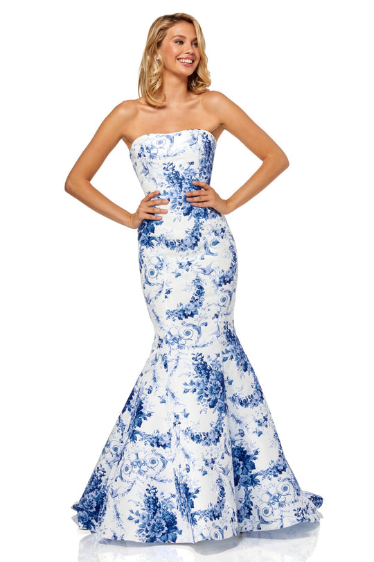 Sherri Hill - 52618 Full Figured Strapless Dress In White and Blue