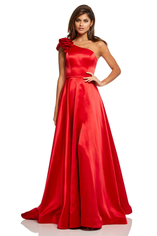 Sherri Hill - 52619 Rosette Accented Single Shoulder A Line Dress In Red