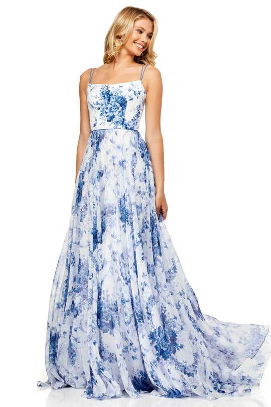 Sherri Hill - 52621 Scoop Full Figured A-line Dress In White and Blue