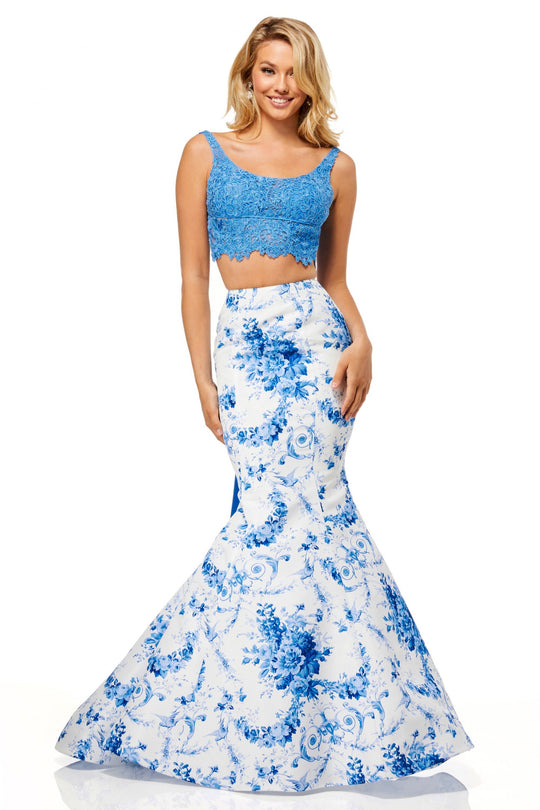 Sherri Hill - 52622 Two Piece Print Mermaid Dress In White and Blue