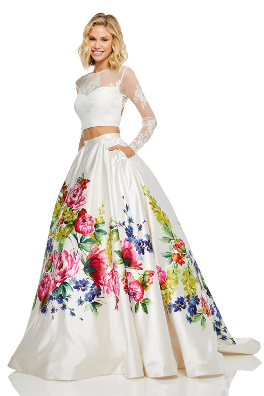 Sherri Hill - 52625 Two Piece Lace Printed Dress In White and Multi