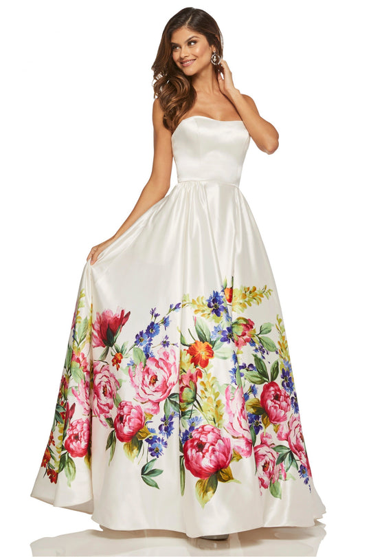 Sherri Hill - 52626 Printed Strapless Full Figured Dress In White and Multi