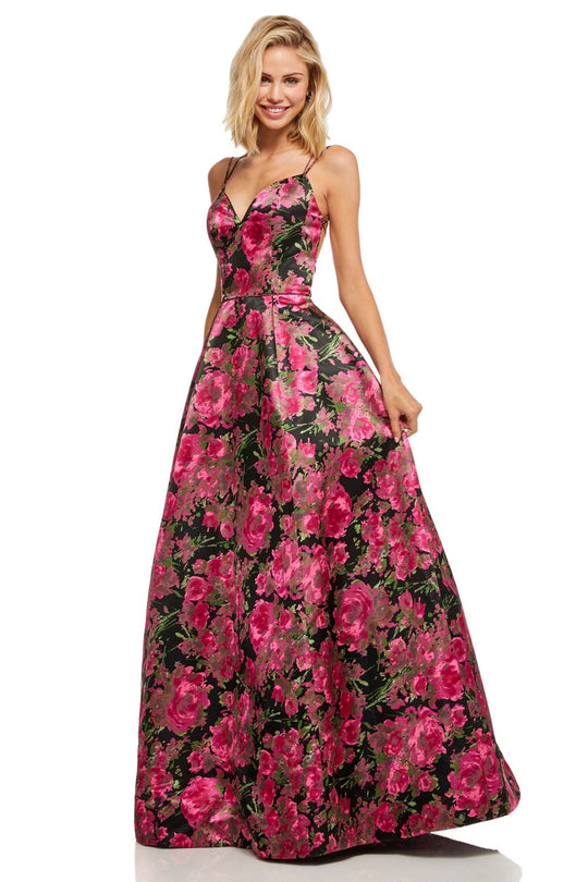 Sherri Hill - 52627 Sweetheart Floral A Line Dress In Black and Pink