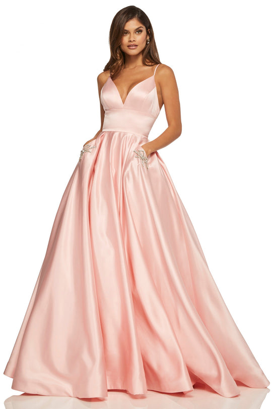 Sherri Hill - 52629 Satin Deep V- Neckline A Line Dress In Pink