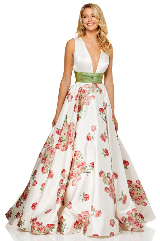 Sherri Hill - 52632 V-Neck Long Print Dress In White and Multi
