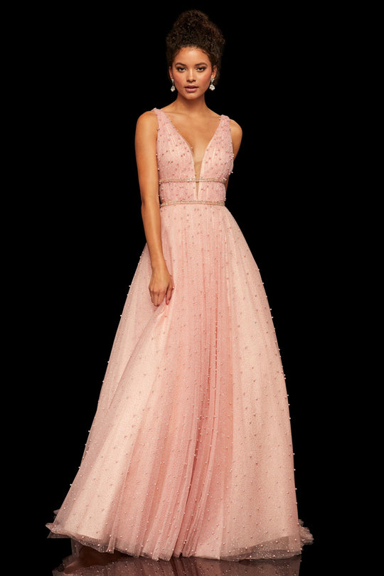 Sherri Hill - 52640 Glitter Chiffon Deep V-neck A-line Dress In Pink
