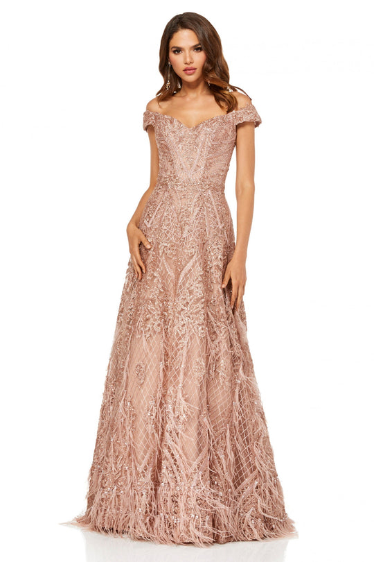 Sherri Hill - 52650 Cap Sleeve Off Shoulder Feather-Fringed Dress In Pink and Gold