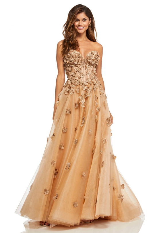 Sherri Hill - 52651 Floral Applique Sweetheart A-line Tulle Gown In Gold