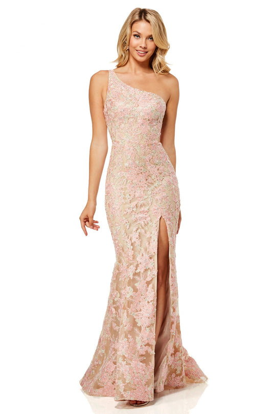 Sherri Hill - 52654 Asymmetric Fitted Applique Dress In Pink