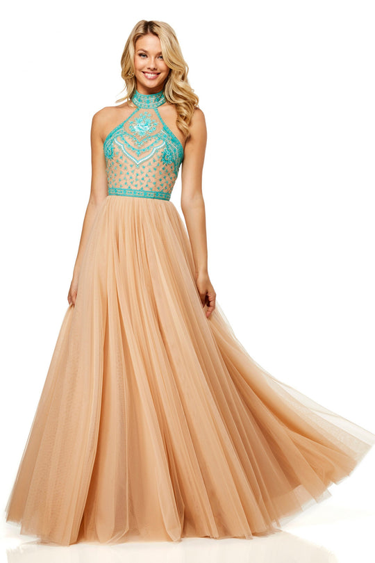 Sherri Hill - 52662 Embroidered Halter Neck Long Gown In Neutral and Blue