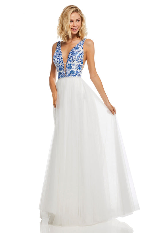 Sherri Hill - 52672 Embroidered V- Neckline Long A Line Dress In White and Blue
