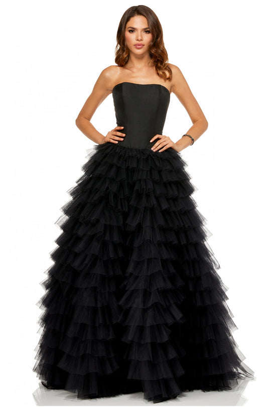 Sherri Hill - 52690 Strapless Straight Neck Ruffled Tulle Ballgown In Black