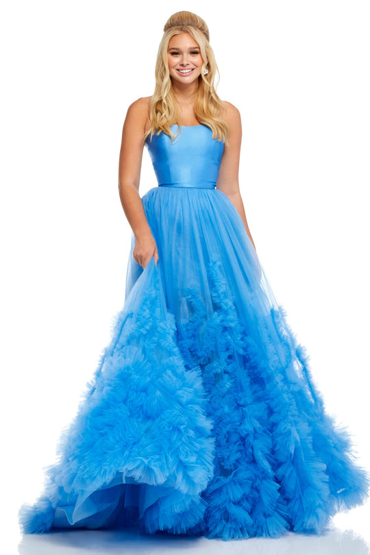Sherri Hill - 52693 Strapless Ruffle Fringed Tulle Ball Gown In Blue