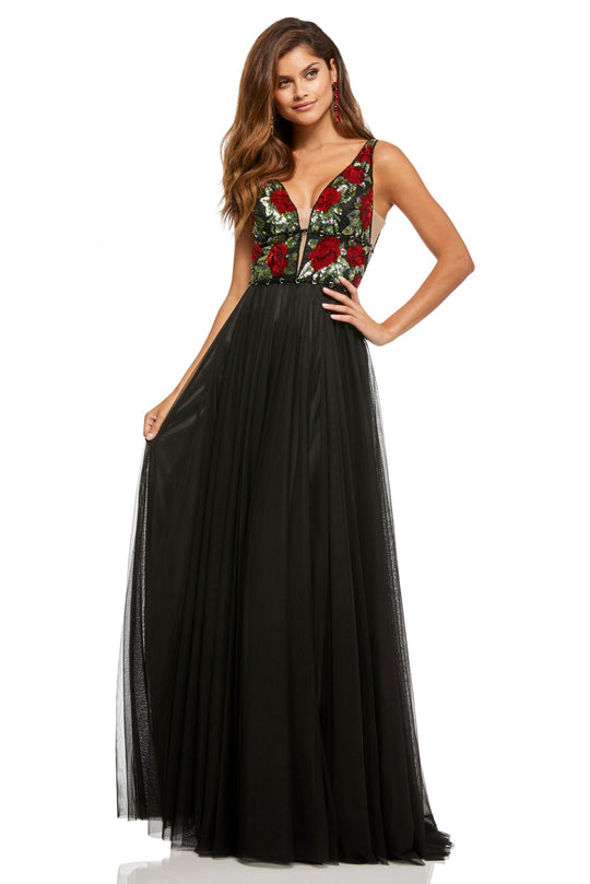 Sherri Hill - 52714 V-Neck Floral A-line Dress In Black and Red