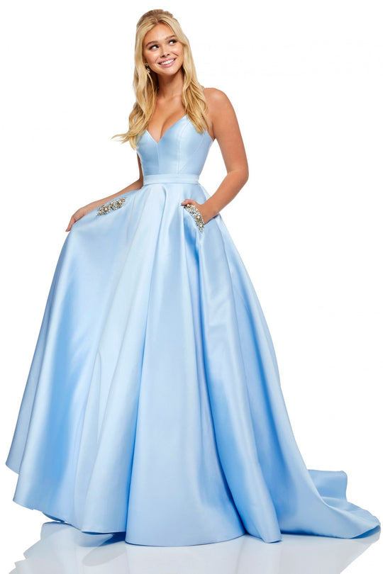 Sherri Hill - 52725 Deep V- Neckline Mikado A Line Dress In Blue