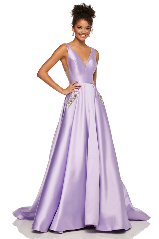 Sherri Hill - 52726 V-Neck Beaded Mikado Long Dress In Purple