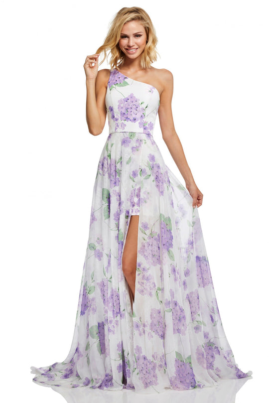 Sherri Hill - 52727 Asymmetric Long Print Dress In White and Purple
