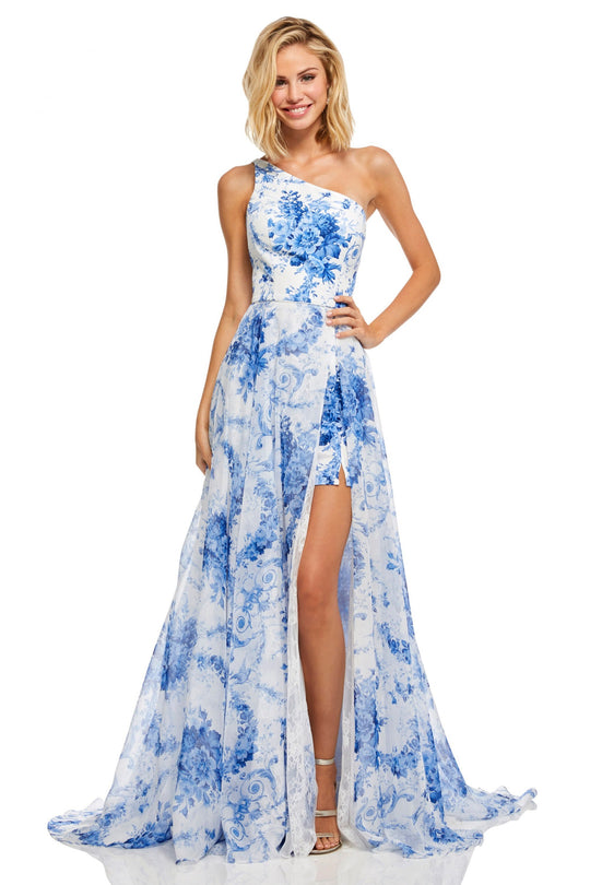 Sherri Hill - 52728 One Shoulder A Line Dress In White and Blue