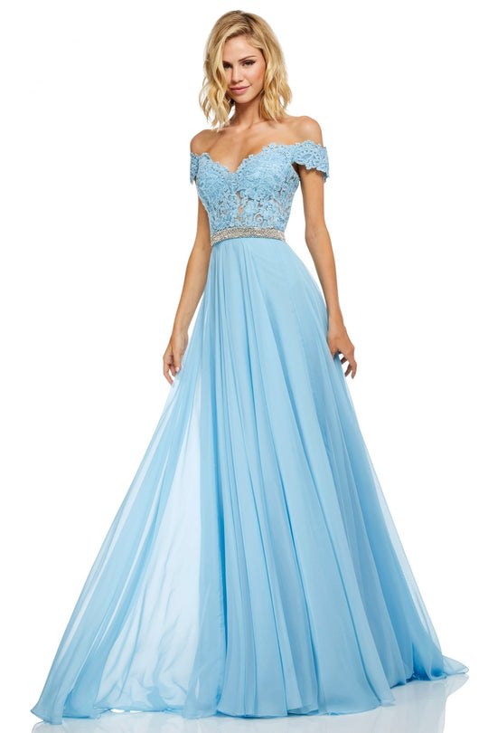 Sherri Hill - 52729 Lace Off The Shoulder Chiffon A-line Dress In Blue