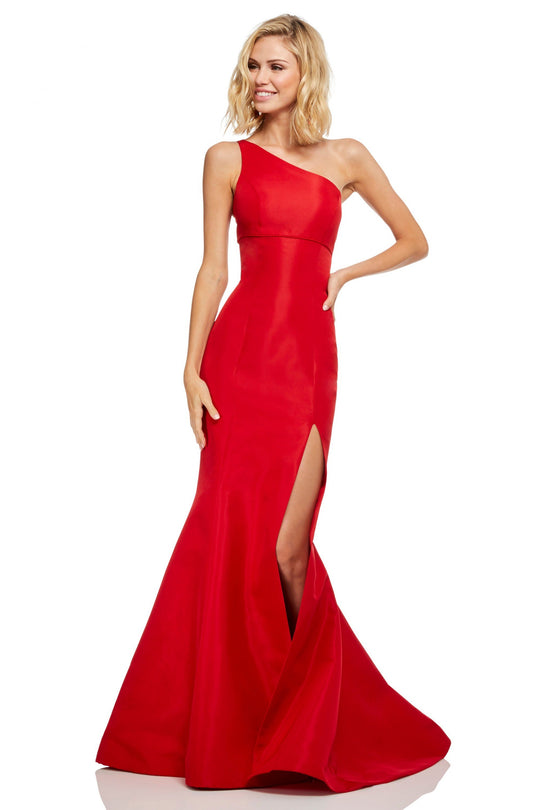 Sherri Hill - 52752 One Shoulder Fitted High Slit Mermaid Dress In Red