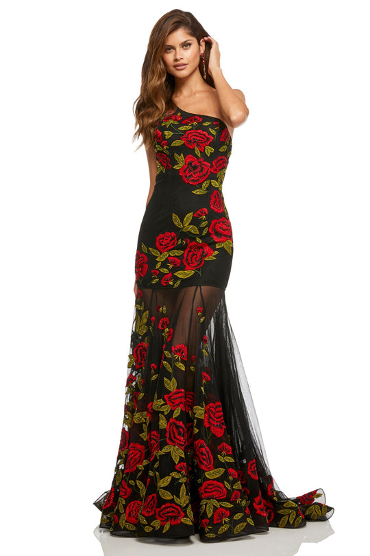 Sherri Hill - 52761 One Shoulder Fitted Floral Dress In Black and Red