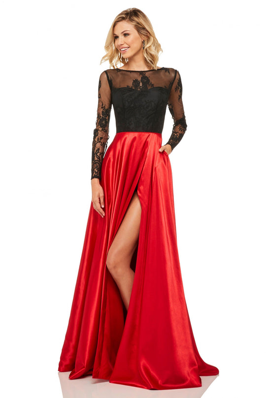 Sherri Hill - 52765 Lace Long Sleeve Bateau Charmeuse A-line Dress In Black and Red