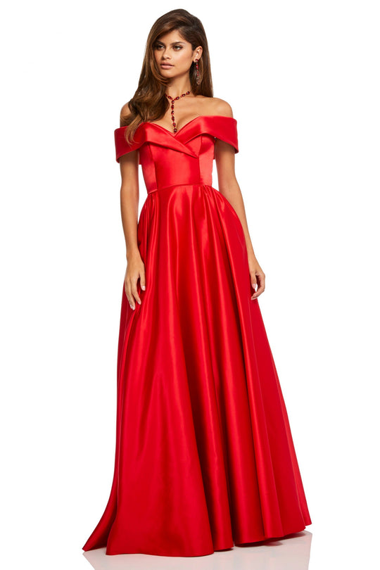 Sherri Hill - 52769 Surplice Foldover Off Shoulder Satin Gown In Red