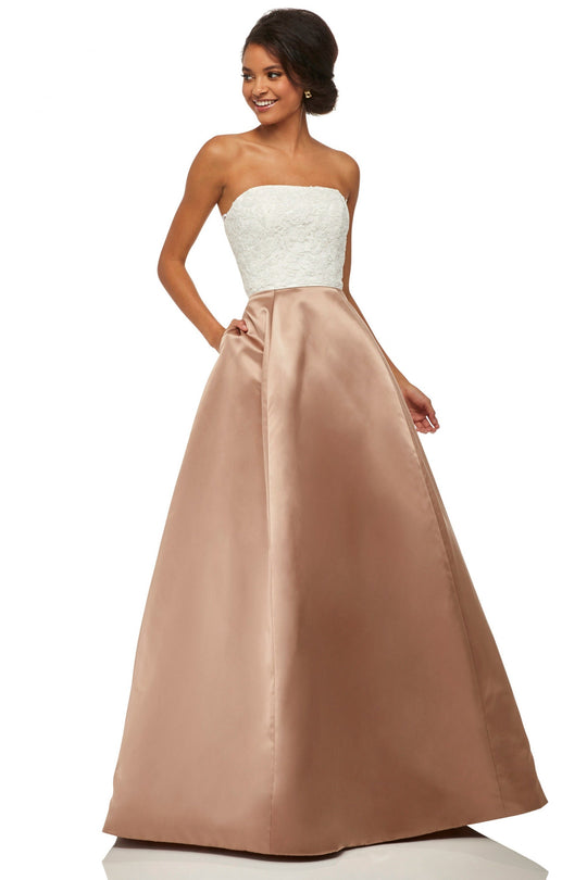 Sherri Hill - 52774 Strapless Corset Lace Bodice Satin A-Line Gown In White and Brown