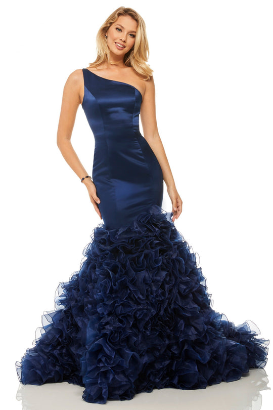 Sherri Hill - 52775 One Shoulder Ruffle-Tiered Mermaid Dress In Blue